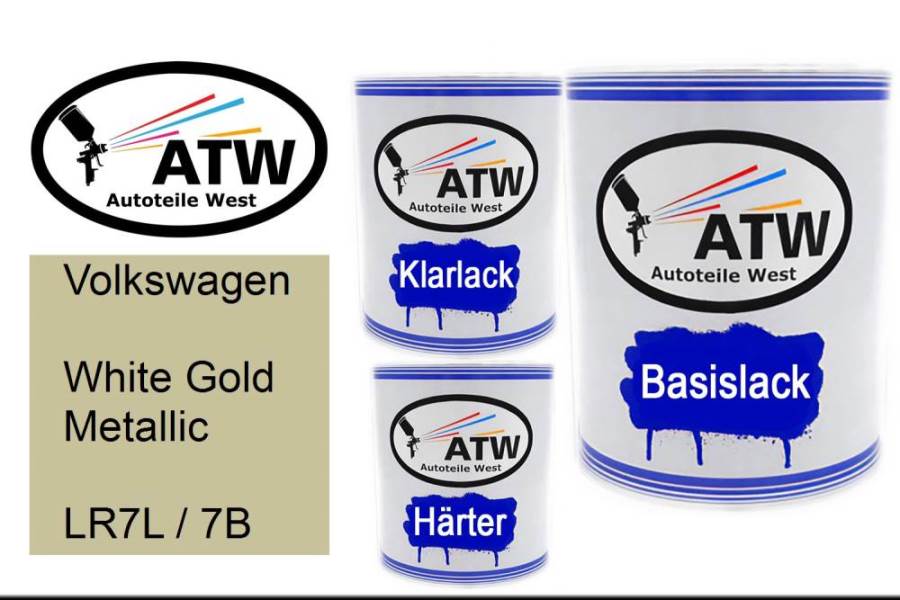 Volkswagen, White Gold Metallic, LR7L / 7B: 1L Lackdose + 1L Klarlack + 500ml Härter - Set, von ATW Autoteile West.